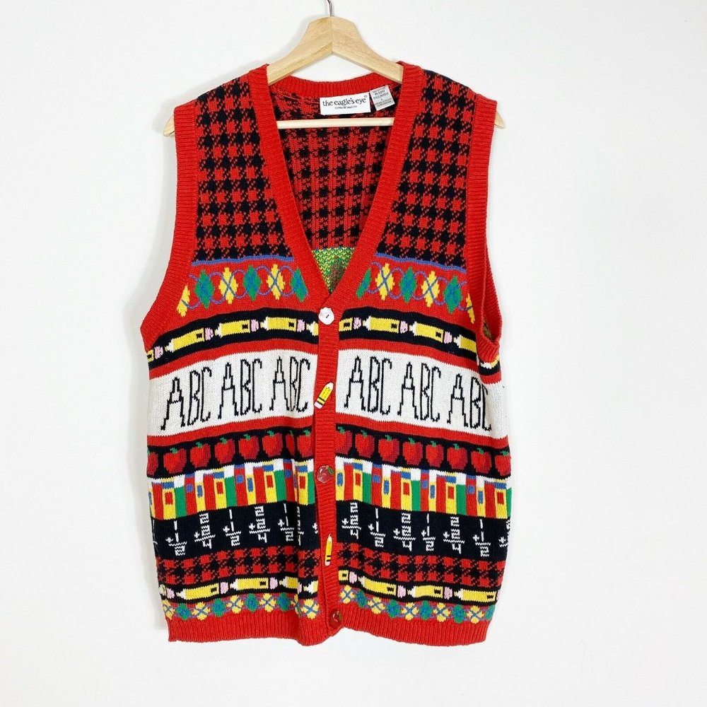 Vintage 1994 The Eagles Eye Sweater Red Teachers Cardigan Vest Hand knitted